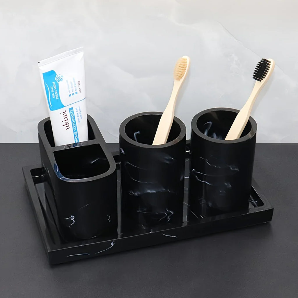 Modern Marble Look Ink-Style 5pcs Bathroom Accessory Set with Rectangular Tray, Toothbrush Holder, Tumbler, and Lotion Dispenser Set House Of Avana