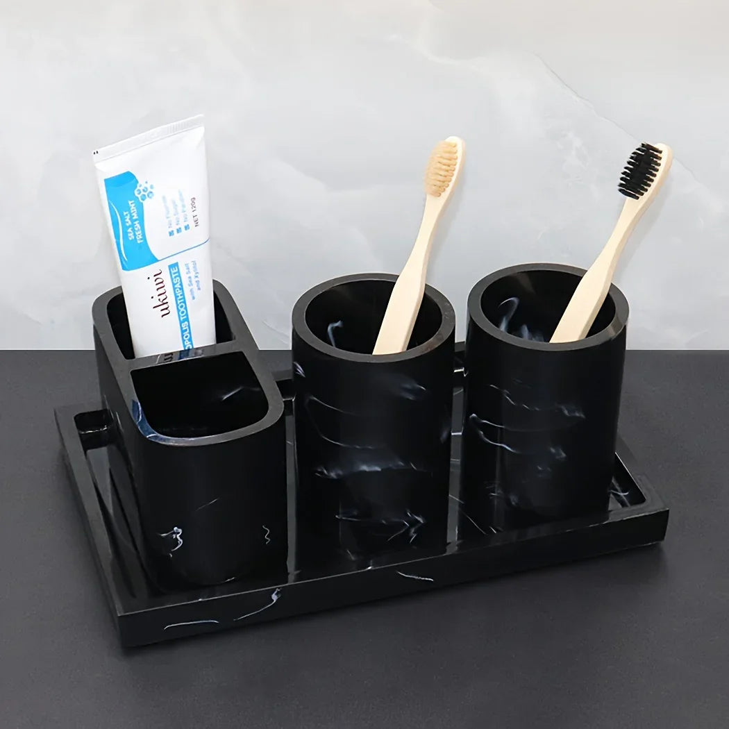 Modern Marble Look Ink-Style 5pcs Bathroom Accessory Set with Rectangular Tray, Toothbrush Holder, Tumbler, and Lotion Dispenser Set House Of Avana [[SKU:HOA-BAT-412]]