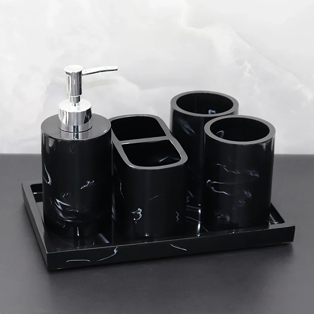 Modern Marble Look Ink-Style 5pcs Bathroom Accessory Set with Rectangular Tray, Toothbrush Holder, Tumbler, and Lotion Dispenser Set House Of Avana [[SKU:HOA-BAT-412]]