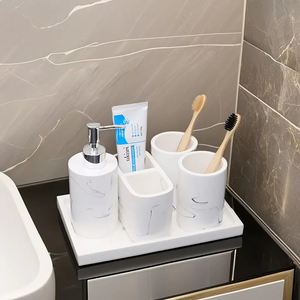 Modern Marble Look Ink-Style 5pcs Bathroom Accessory Set with Rectangular Tray, Toothbrush Holder, Tumbler, and Lotion Dispenser Set House Of Avana [[SKU:HOA-BAT-412]]