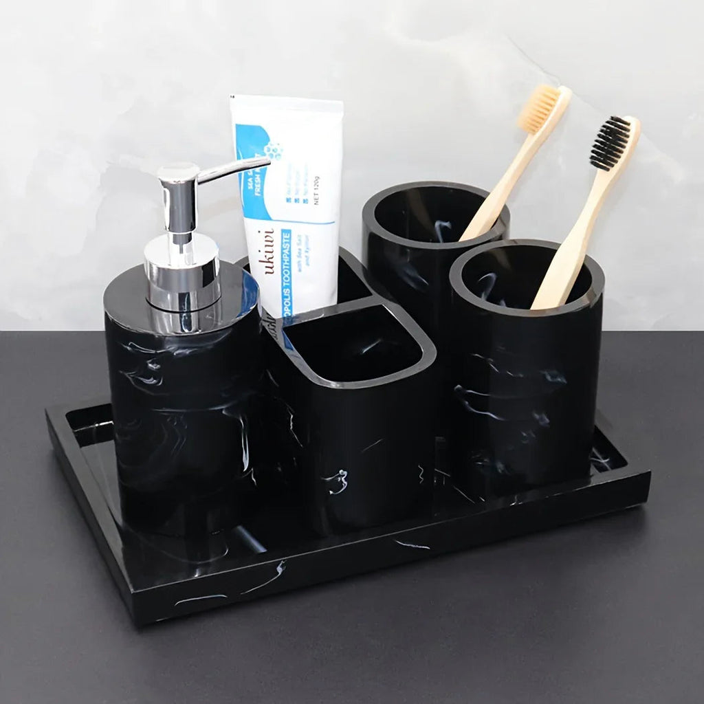 Modern Marble Look Ink-Style 5pcs Bathroom Accessory Set with Rectangular Tray, Toothbrush Holder, Tumbler, and Lotion Dispenser Set House Of Avana [[SKU:HOA-BAT-412]]