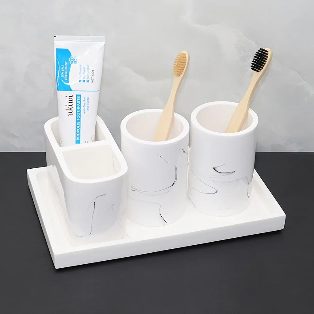 Modern Marble Look Ink-Style 5pcs Bathroom Accessory Set with Rectangular Tray, Toothbrush Holder, Tumbler, and Lotion Dispenser Set House Of Avana [[SKU:HOA-BAT-412]]