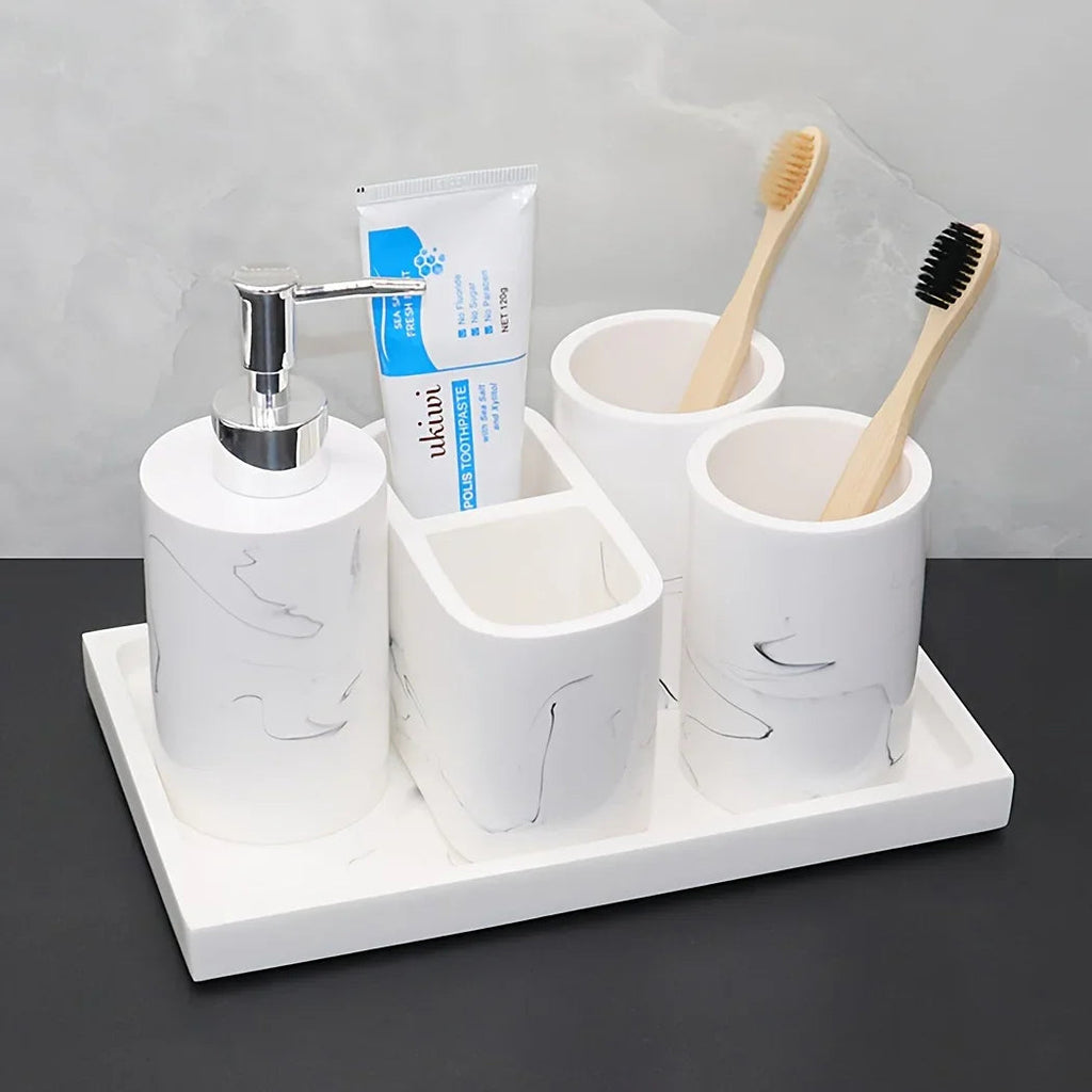 Modern Marble Look Ink-Style 5pcs Bathroom Accessory Set with Rectangular Tray, Toothbrush Holder, Tumbler, and Lotion Dispenser Set House Of Avana [[SKU:HOA-BAT-412]]