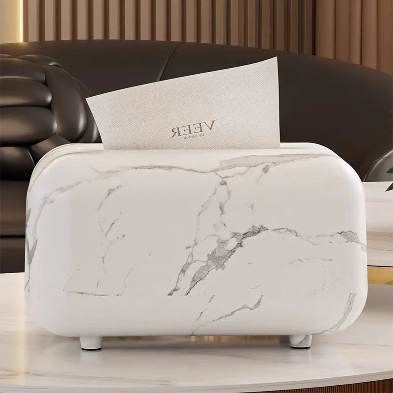 Modern Marble White & Grey Square Tissue Box with Black Lid - Plastic Compact Tissue Holder for Home, Hotel, Office, or Bedside Table - Easy Access Tissues House Of Avana