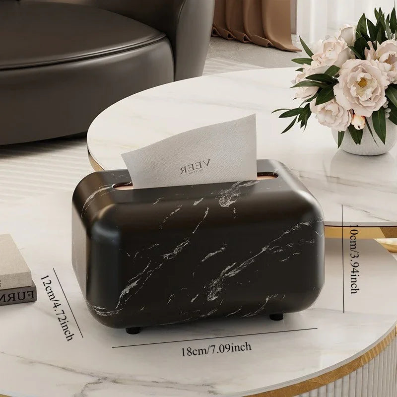 Modern Marble White & Grey Square Tissue Box with Black Lid - Plastic Compact Tissue Holder for Home, Hotel, Office, or Bedside Table - Easy Access Tissues House Of Avana