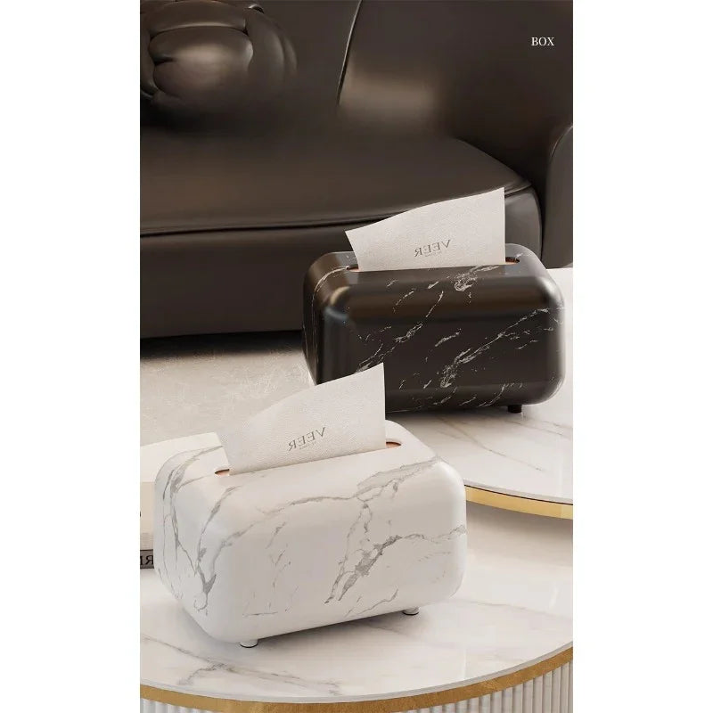 Modern Marble White & Grey Square Tissue Box with Black Lid - Plastic Compact Tissue Holder for Home, Hotel, Office, or Bedside Table - Easy Access Tissues House Of Avana