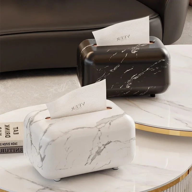 Modern Marble White & Grey Square Tissue Box with Black Lid - Plastic Compact Tissue Holder for Home, Hotel, Office, or Bedside Table - Easy Access Tissues House Of Avana