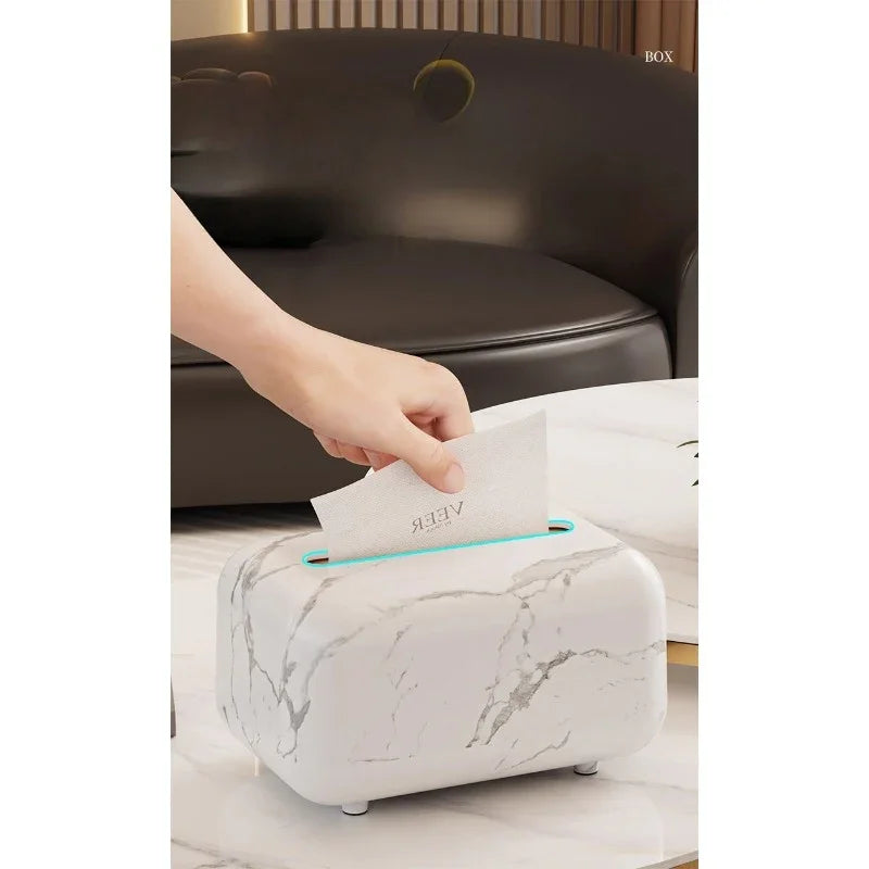 Modern Marble White & Grey Square Tissue Box with Black Lid - Plastic Compact Tissue Holder for Home, Hotel, Office, or Bedside Table - Easy Access Tissues House Of Avana