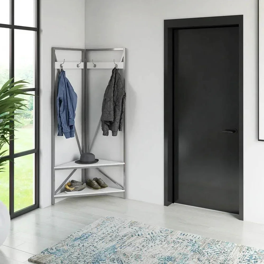 Modern Metal Hall Tree Coat Rack Shoe Storage Bench with White Seat and Shelf