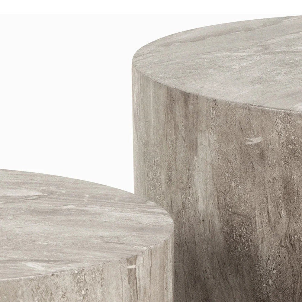 Dice Round Coffee Table Set in Grey Marble or Light Travertine Effect House Of Avana