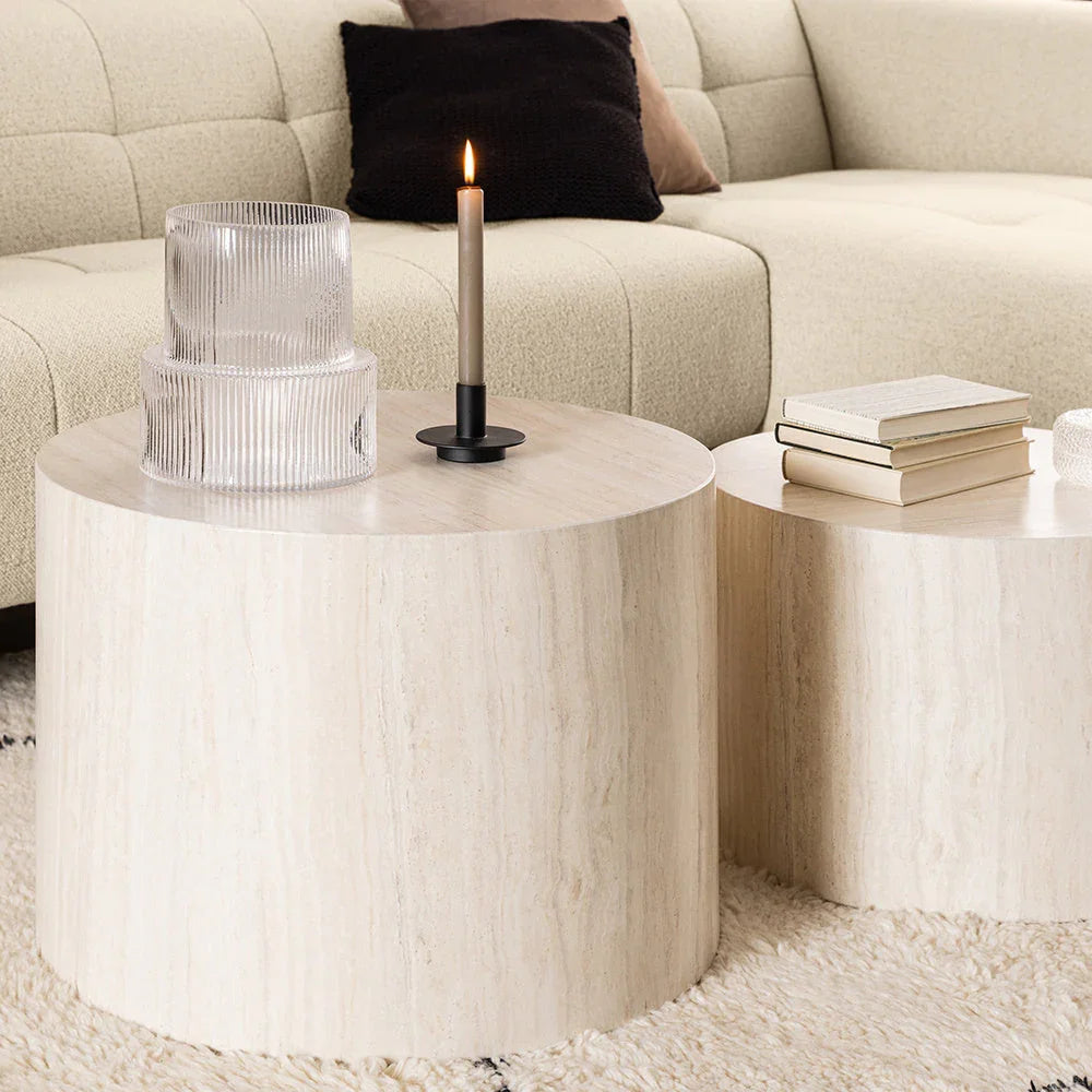 Dice Round Coffee Table Set in Grey Marble or Light Travertine Effect House Of Avana