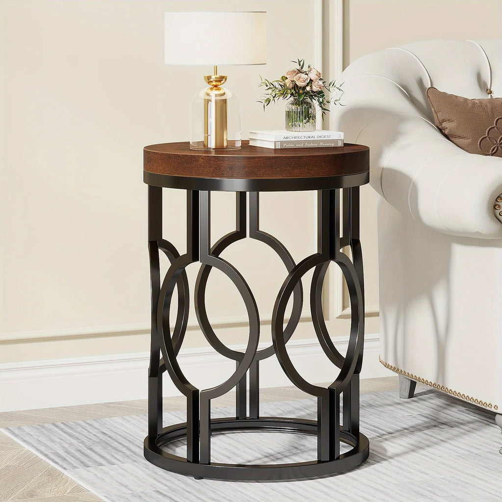 [Modern Round Side Table] 1pc Modern Round Side Table | Industrial Circular End Table with Metal Frame for Living Room or Bedroom, Easy to Assemble, Country Brown, Multifunctional Storage Table with Wood Veneer Top, Contempor House Of Avana