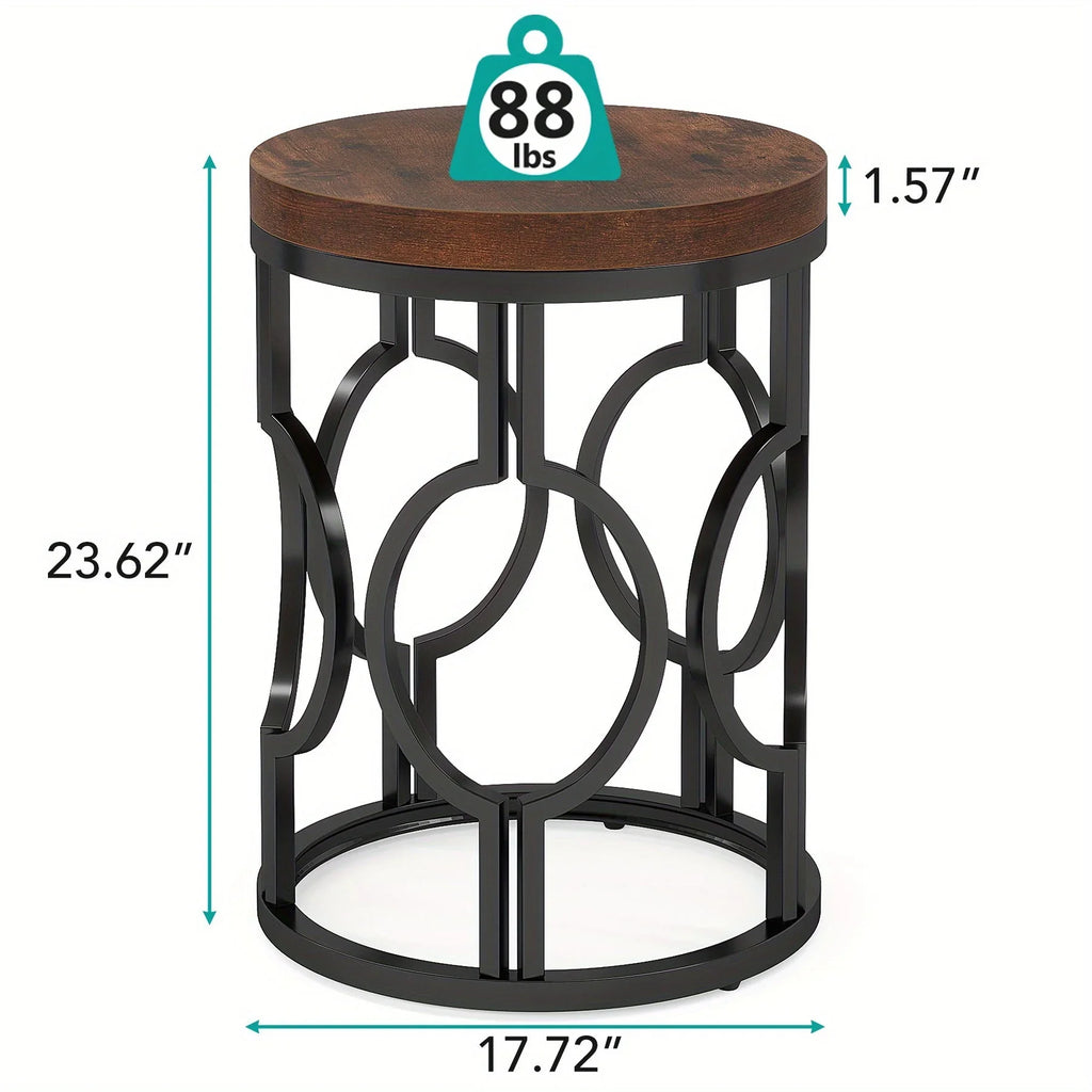 [Modern Round Side Table] 1pc Modern Round Side Table | Industrial Circular End Table with Metal Frame for Living Room or Bedroom, Easy to Assemble, Country Brown, Multifunctional Storage Table with Wood Veneer Top, Contempor House Of Avana