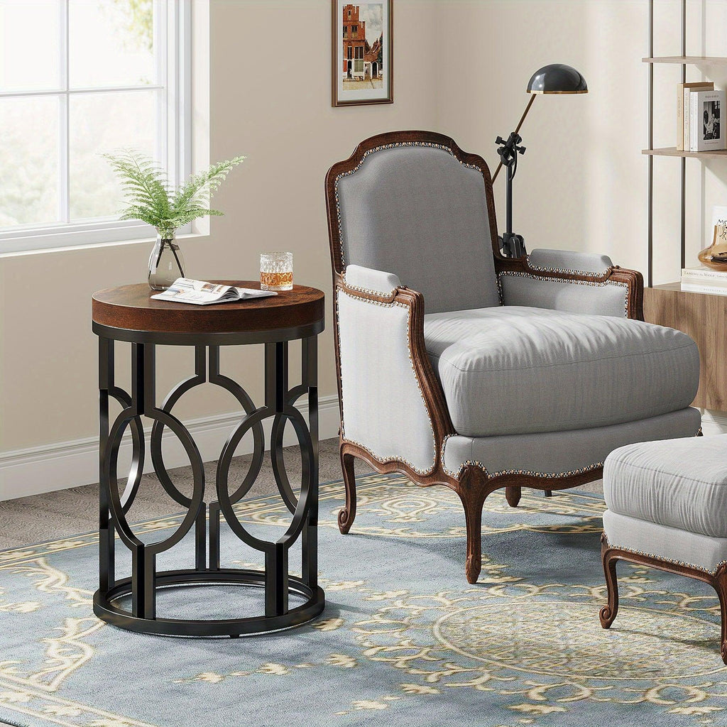 [Modern Round Side Table] 1pc Modern Round Side Table | Industrial Circular End Table with Metal Frame for Living Room or Bedroom, Easy to Assemble, Country Brown, Multifunctional Storage Table with Wood Veneer Top, Contempor House Of Avana