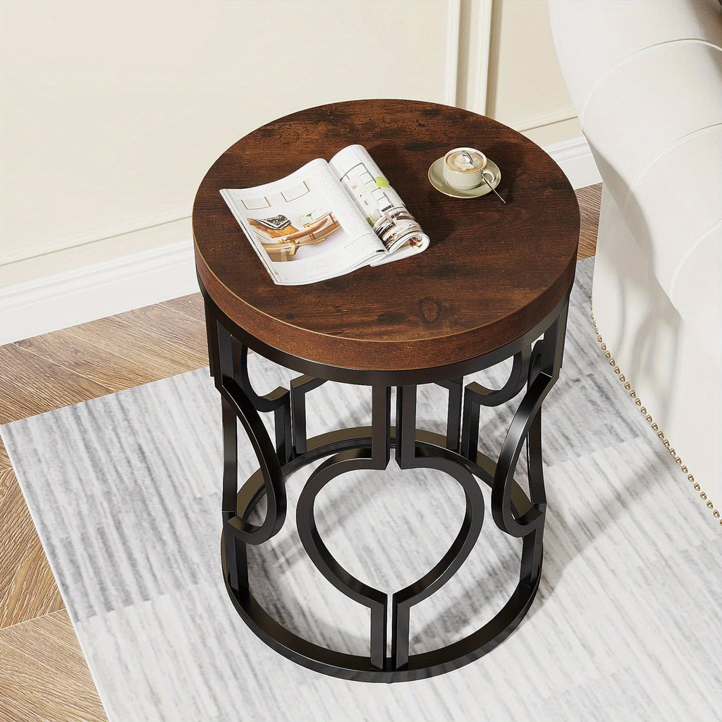 [Modern Round Side Table] 1pc Modern Round Side Table | Industrial Circular End Table with Metal Frame for Living Room or Bedroom, Easy to Assemble, Country Brown, Multifunctional Storage Table with Wood Veneer Top, Contempor House Of Avana