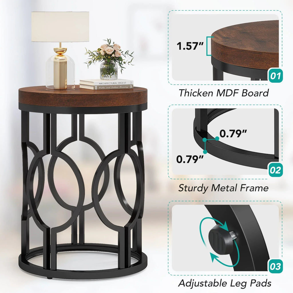 [Modern Round Side Table] 1pc Modern Round Side Table | Industrial Circular End Table with Metal Frame for Living Room or Bedroom, Easy to Assemble, Country Brown, Multifunctional Storage Table with Wood Veneer Top, Contempor House Of Avana