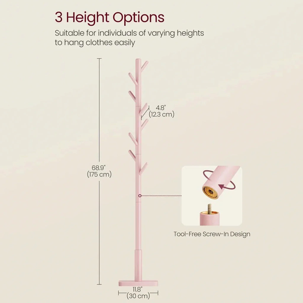Modern Solid Wood Coat Rack Entryway Hall Tree Hat Stand in Pink