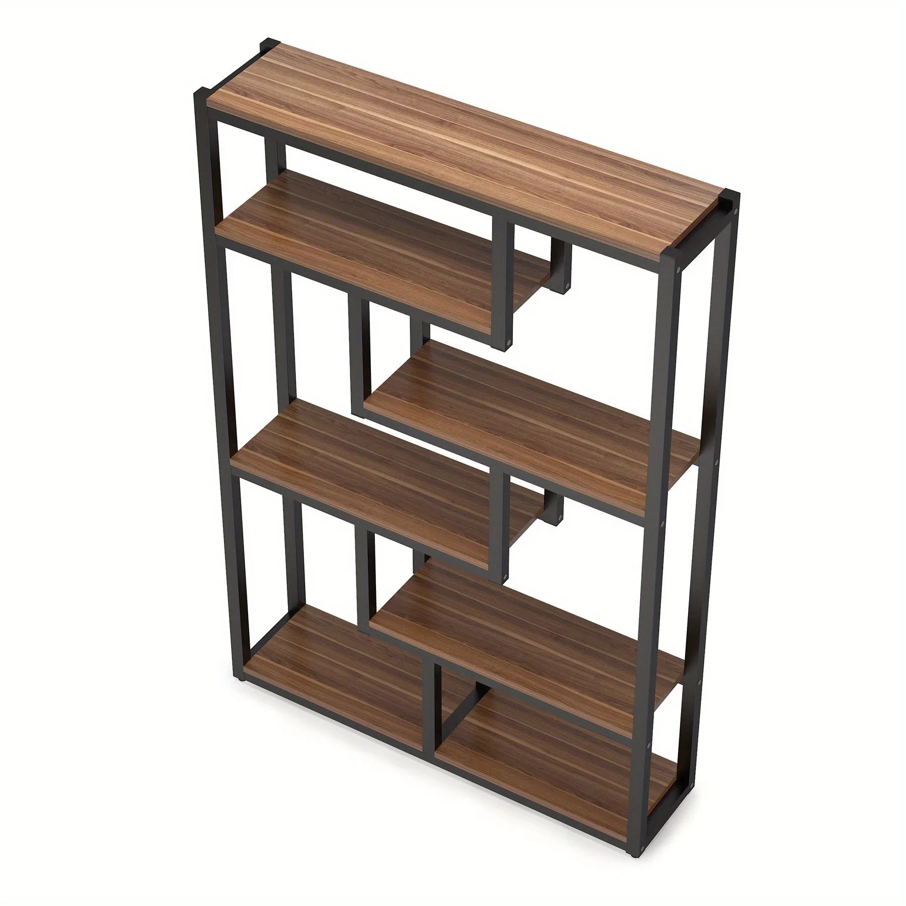 6-Shelf Modern Bookcase with Staggered Shelves & Sturdy Metal Frame - 69" Tall Hardwood & Engineered Wood Storage Shelf, Brown Finish Open Back Design for Living Room, Office, Bedroom - Easy Assembly, Bookshelf Decor, Versati House Of Avana