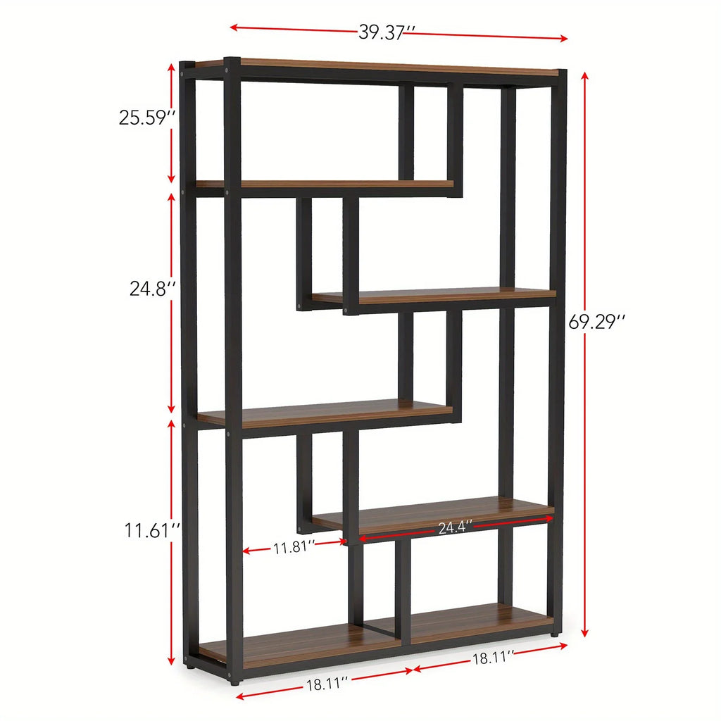 6-Shelf Modern Bookcase with Staggered Shelves & Sturdy Metal Frame - 69" Tall Hardwood & Engineered Wood Storage Shelf, Brown Finish Open Back Design for Living Room, Office, Bedroom - Easy Assembly, Bookshelf Decor, Versati House Of Avana