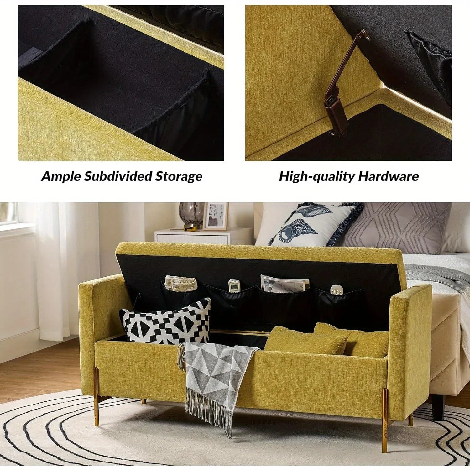 [Modern Storage Ottoman] Comfy Modern Storage Ottoman Bench with Throw Pillows - Metal Leg Bedroom Bench for End of Bed, Entryway - Mustard House Of Avana