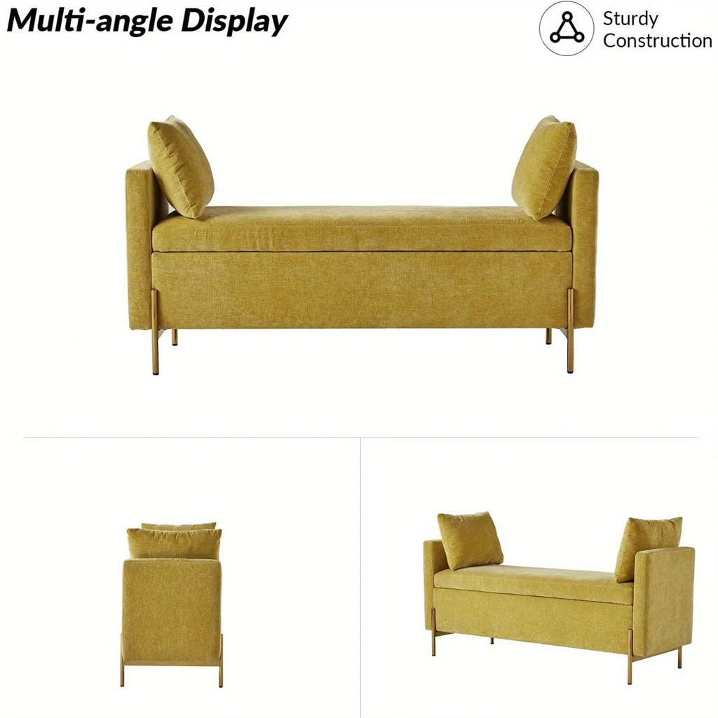 [Modern Storage Ottoman] Comfy Modern Storage Ottoman Bench with Throw Pillows - Metal Leg Bedroom Bench for End of Bed, Entryway - Mustard House Of Avana