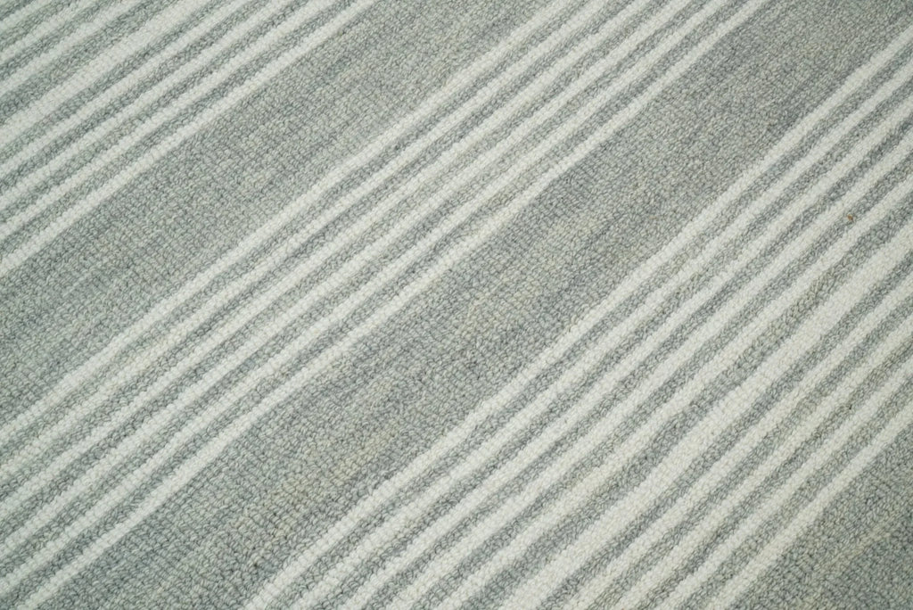 Modern Stripes Pattern Grey and Ivory Hand Tufted Wool Area Rug