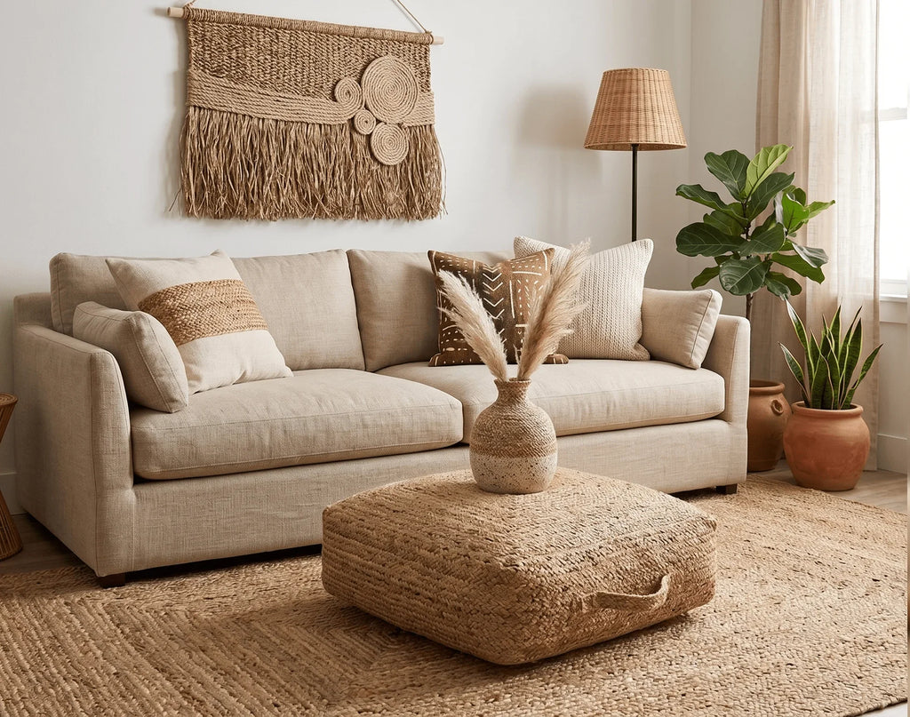 Modern Style Hand Braided Gold Jute Square Pouf