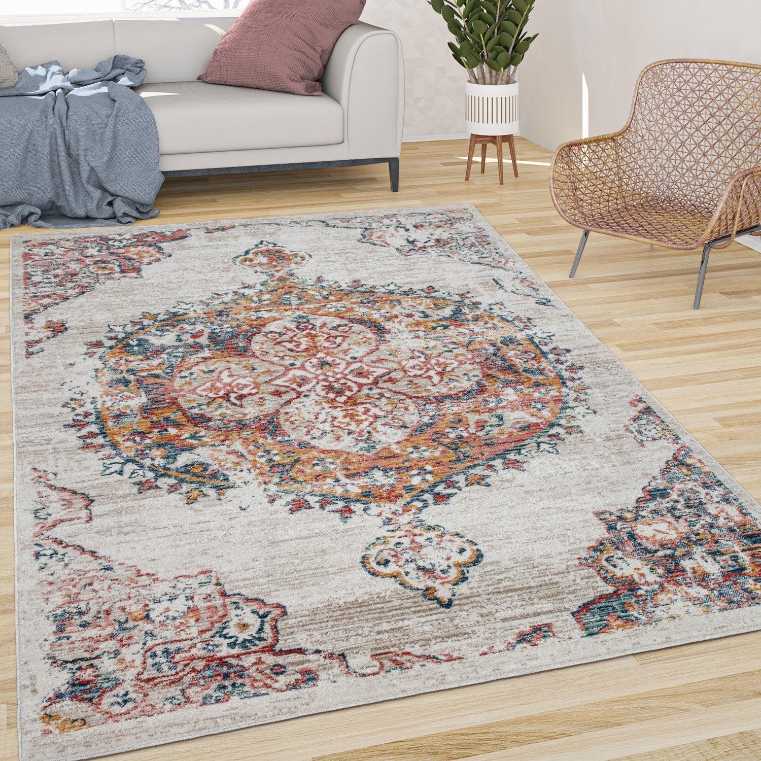 Modern Vintage Rug Oriental Look Abstract Beige Yellow Blue RugYourHome