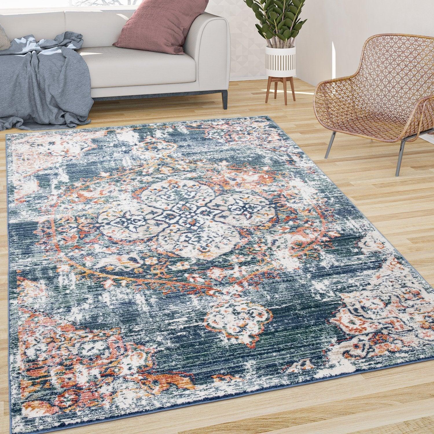 Modern Vintage Rug Oriental Look Abstract Blue Beige Red RugYourHome