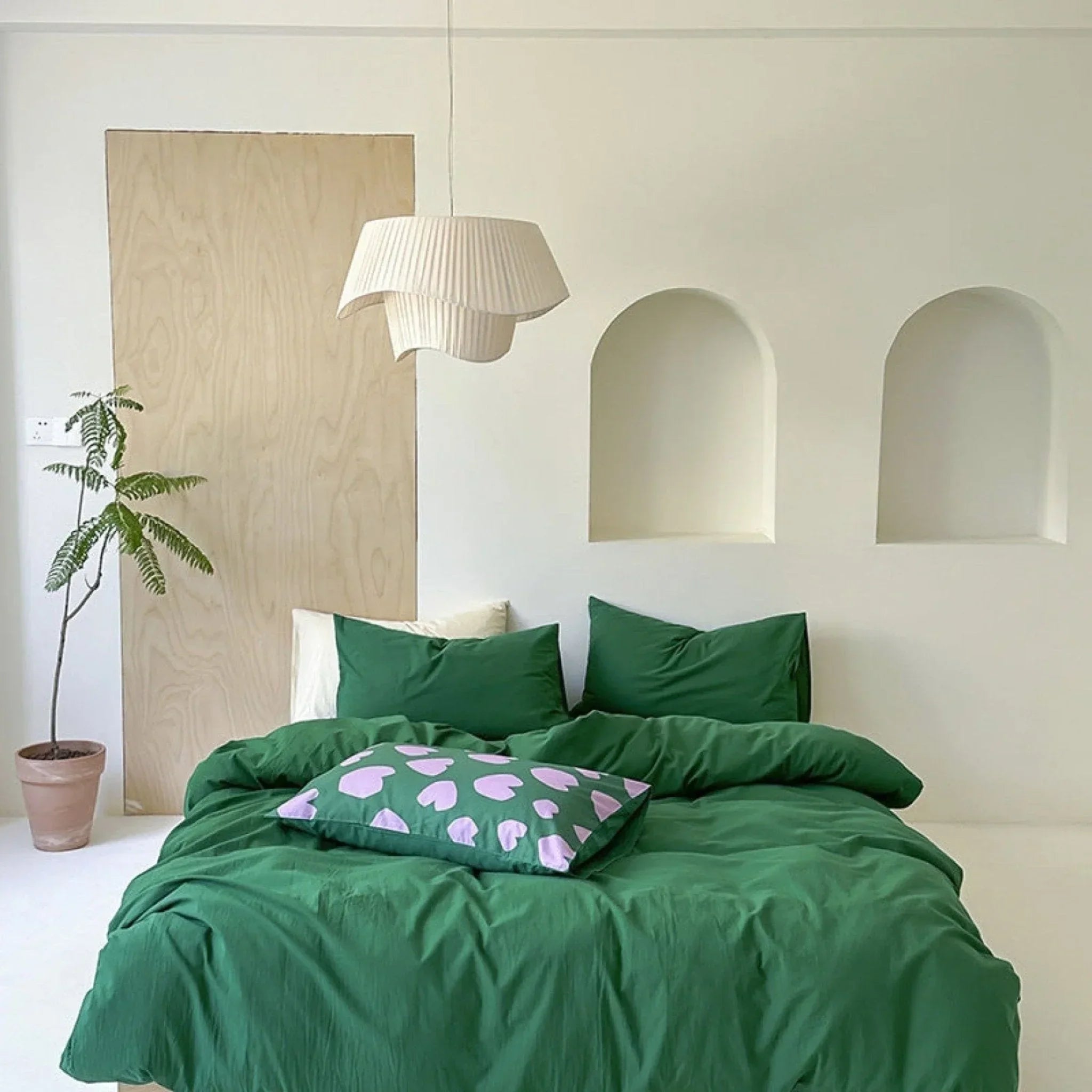 Modern Washed Cotton Bedding Set / Green Ever Lasting