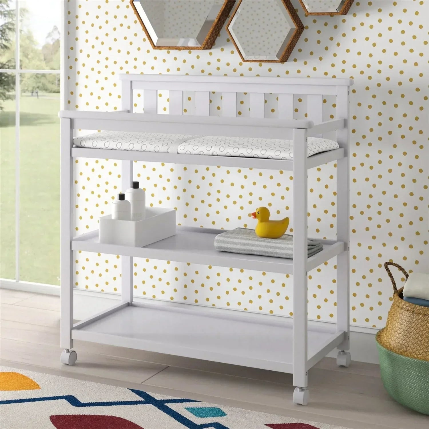 Modern White Baby's First 2 Shelf Changing Table with Wheels