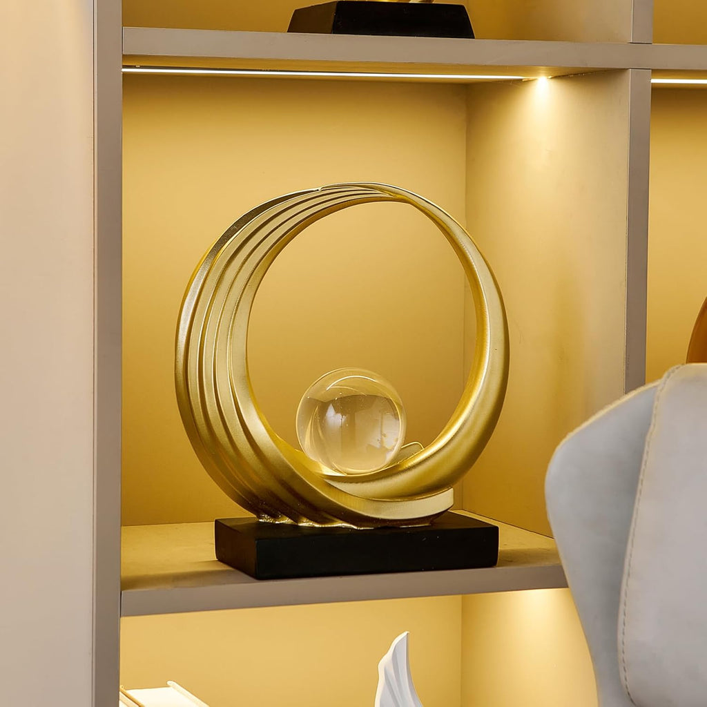 Circle Sculpture with Clear Ball – Gold Resin [[SKU:HOA-SCU-546]]