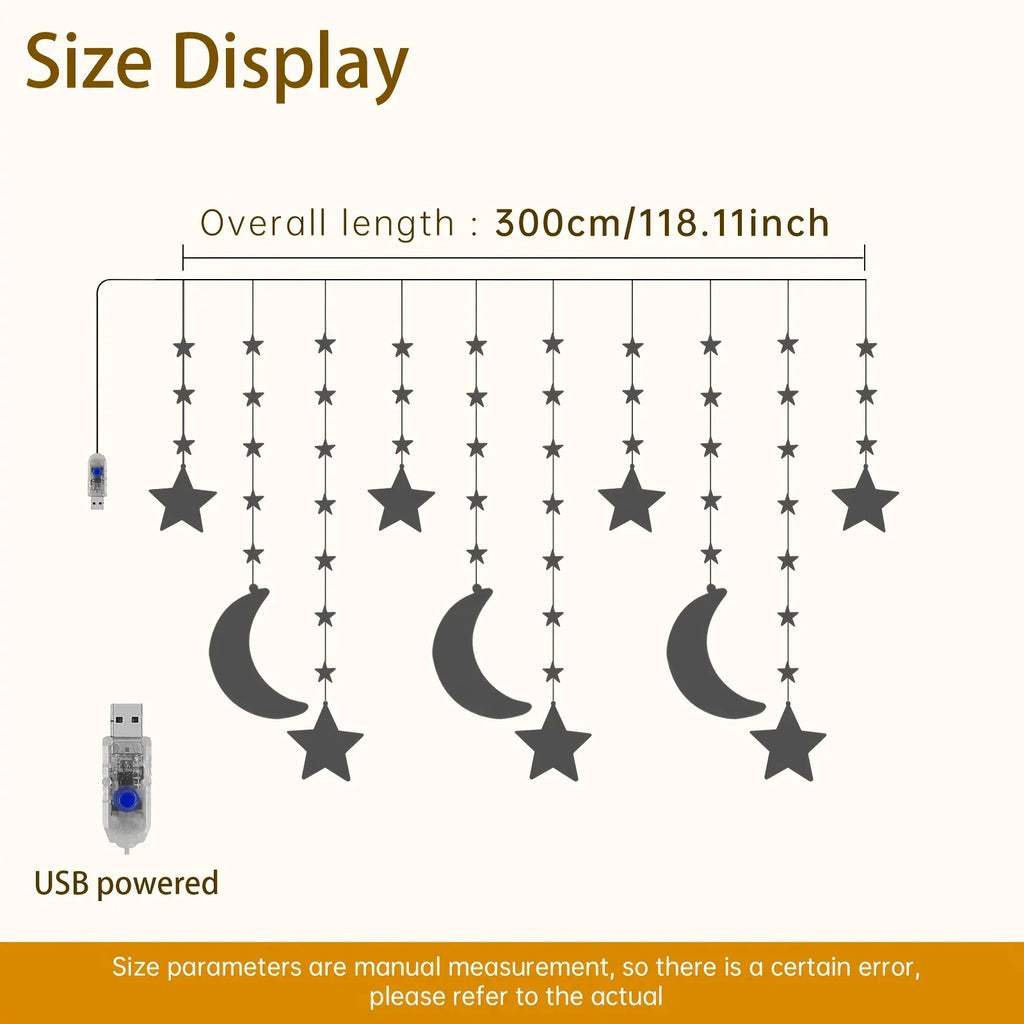 1pc Moon & Star LED String Lights - 9.84ft/300cm USB-Powered Warm White & Golden Glow with 8 Modes, Crescent Moon & Star Shapes for Ramadan, Eid, Weddings, Parties, /Outdoor Fairy Lights (Low Voltage, Plug-in via USB) House Of Avana