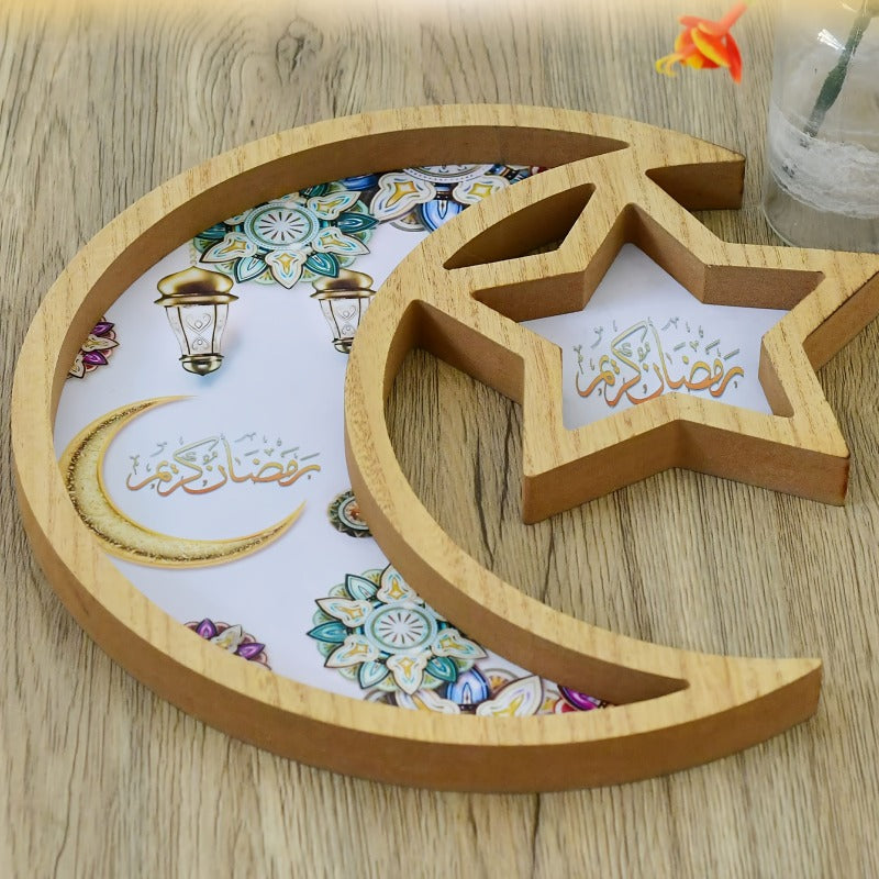 2025 Ramadan Decorations for Home - Elegant Islamic Ramadan Tray with Moon & Star Design, Wooden Serving Tray for Party Decorations, Ramadan Gift House Of Avana