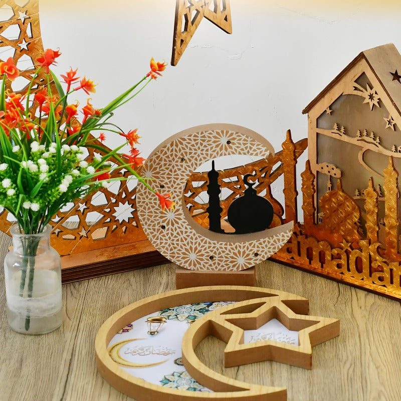 2025 Ramadan Decorations for Home - Elegant Islamic Ramadan Tray with Moon & Star Design, Wooden Serving Tray for Party Decorations, Ramadan Gift House Of Avana