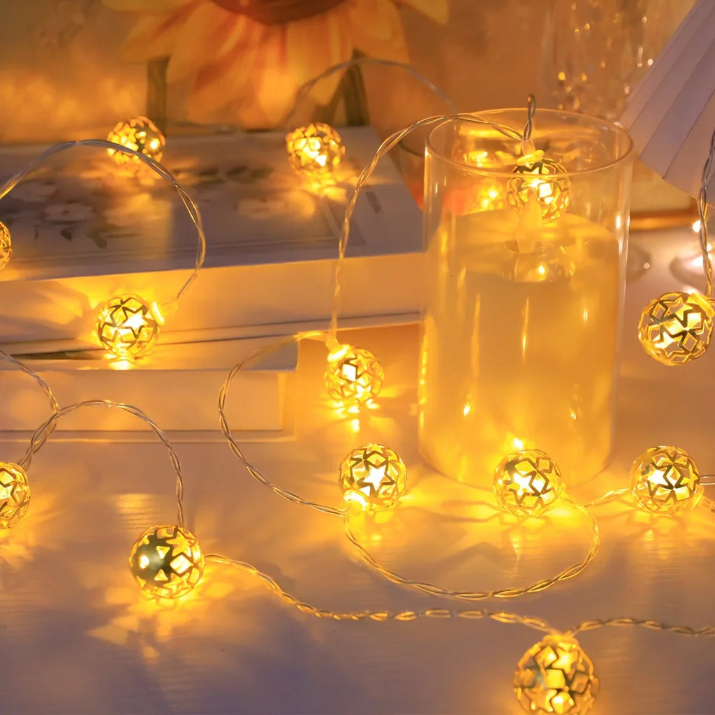 1pc Moroccan Ball LED String Lights, Metal Fairy Lighting for Indoor Decor, Battery Powered, No Plug, Ideal for Wedding, Birthday, Christmas, Halloween, Ramadan, Eid Al-Fitr, Home & Room Decoration - Batteries Not Included House Of Avana