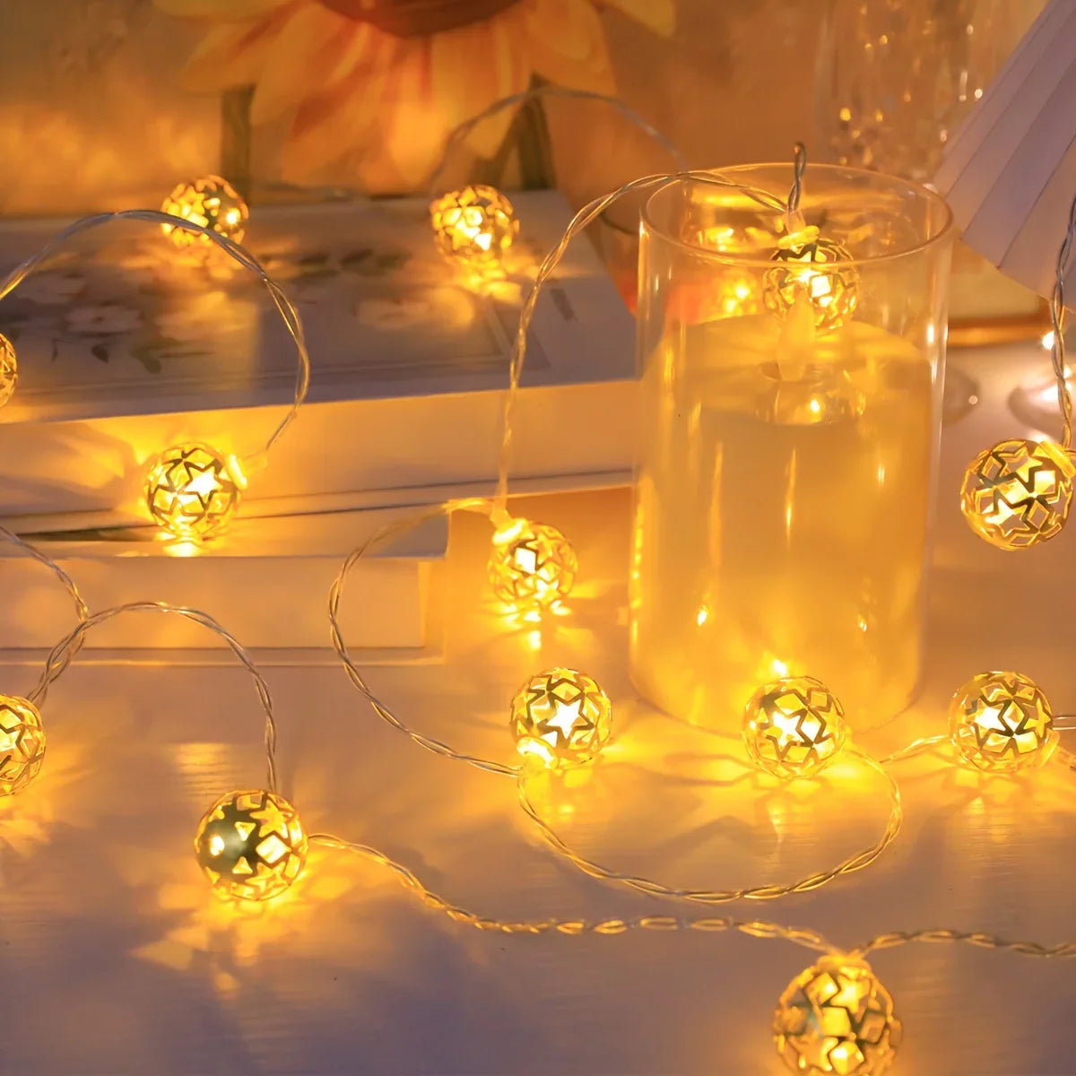 1pc Moroccan Ball LED String Lights, Metal Fairy Lighting for Indoor Decor, Battery Powered, No Plug, Ideal for Wedding, Birthday, Christmas, Halloween, Ramadan, Eid Al-Fitr, Home & Room Decoration - Batteries Not Included House Of Avana