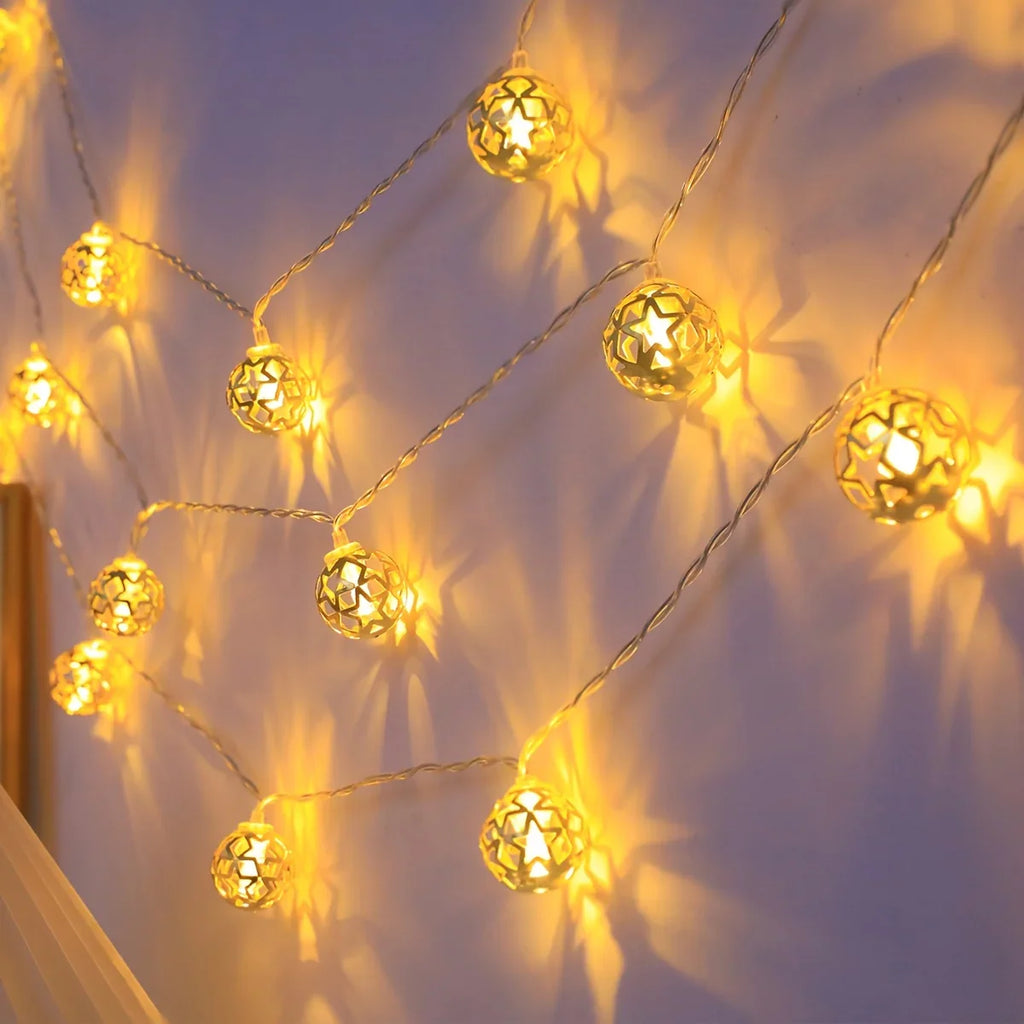 1pc Moroccan Ball LED String Lights, Metal Fairy Lighting for Indoor Decor, Battery Powered, No Plug, Ideal for Wedding, Birthday, Christmas, Halloween, Ramadan, Eid Al-Fitr, Home & Room Decoration - Batteries Not Included House Of Avana