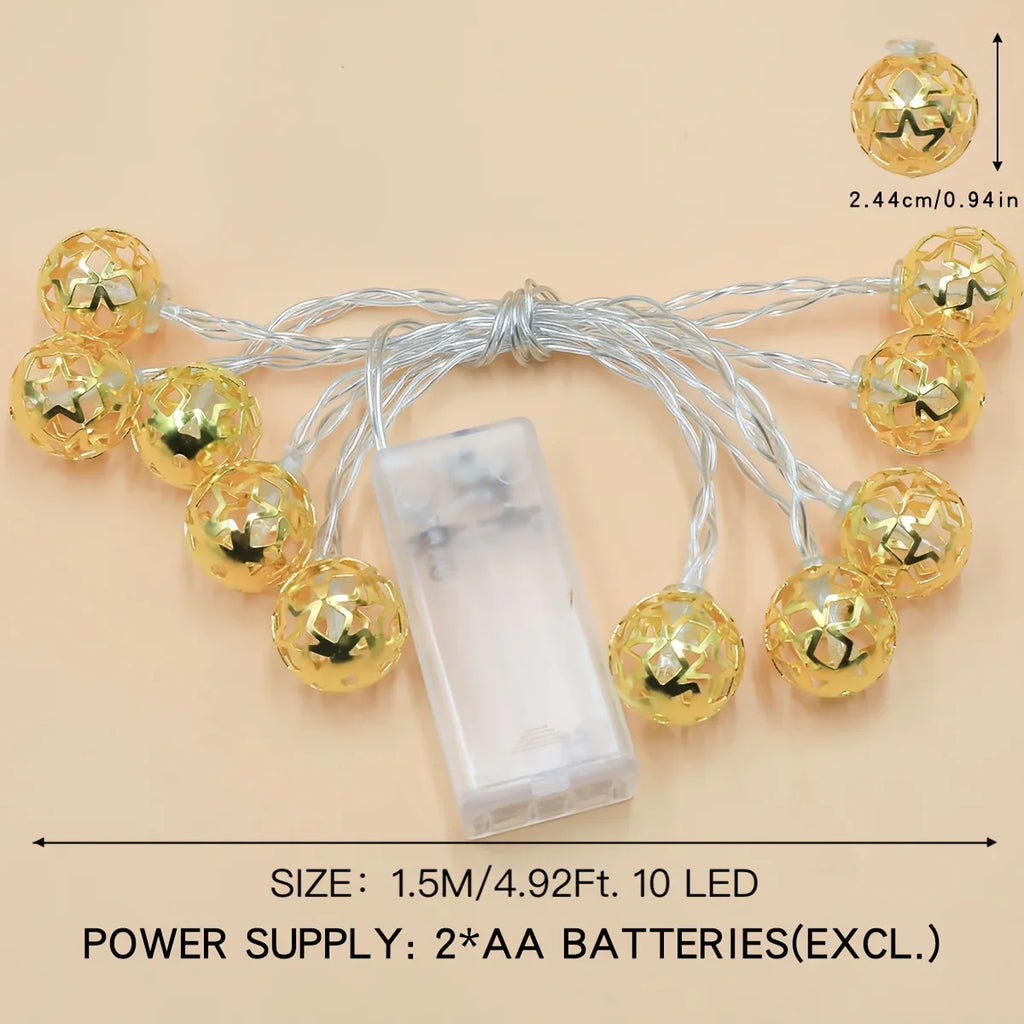 1pc Moroccan Ball LED String Lights, Metal Fairy Lighting for Indoor Decor, Battery Powered, No Plug, Ideal for Wedding, Birthday, Christmas, Halloween, Ramadan, Eid Al-Fitr, Home & Room Decoration - Batteries Not Included House Of Avana