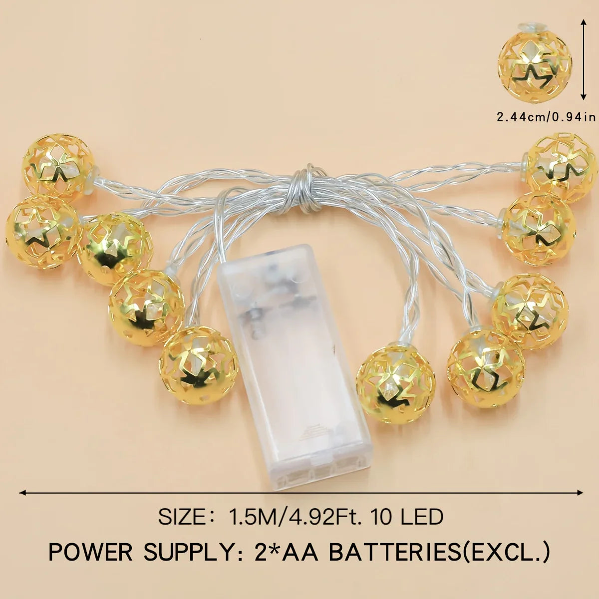 1pc Moroccan Ball LED String Lights, Metal Fairy Lighting for Indoor Decor, Battery Powered, No Plug, Ideal for Wedding, Birthday, Christmas, Halloween, Ramadan, Eid Al-Fitr, Home & Room Decoration - Batteries Not Included House Of Avana