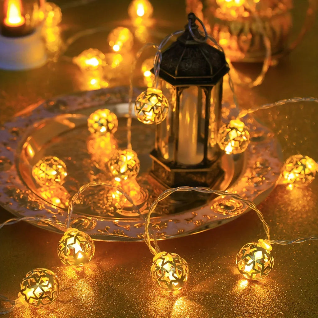 1pc Moroccan Ball LED String Lights, Metal Fairy Lighting for Indoor Decor, Battery Powered, No Plug, Ideal for Wedding, Birthday, Christmas, Halloween, Ramadan, Eid Al-Fitr, Home & Room Decoration - Batteries Not Included House Of Avana