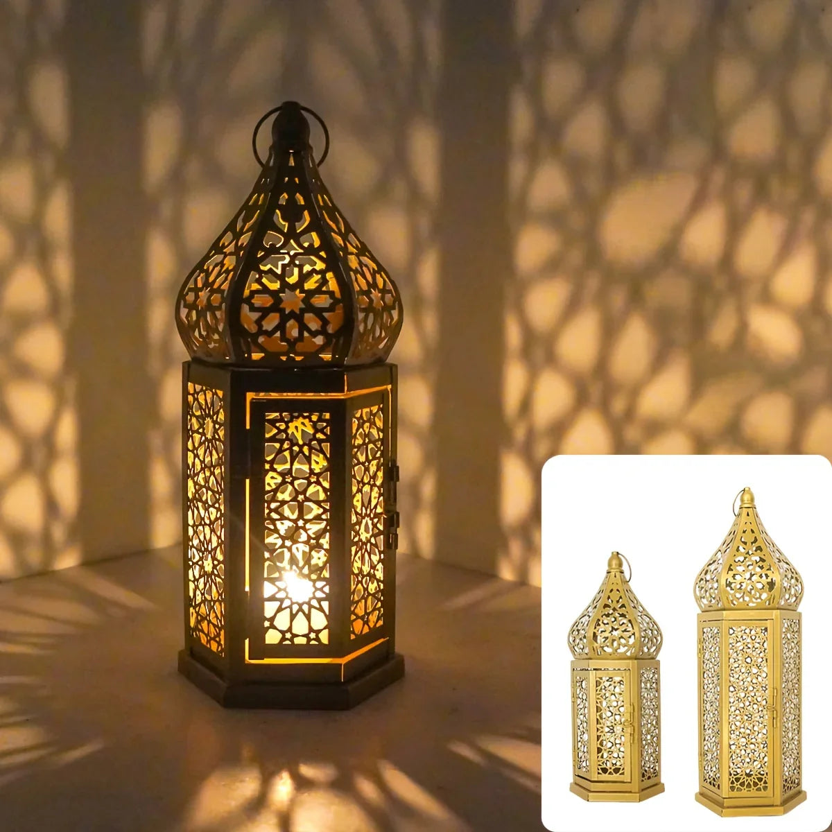 Metallic Moroccan candlestick set, intricately hollowed-out design - House of Avana
