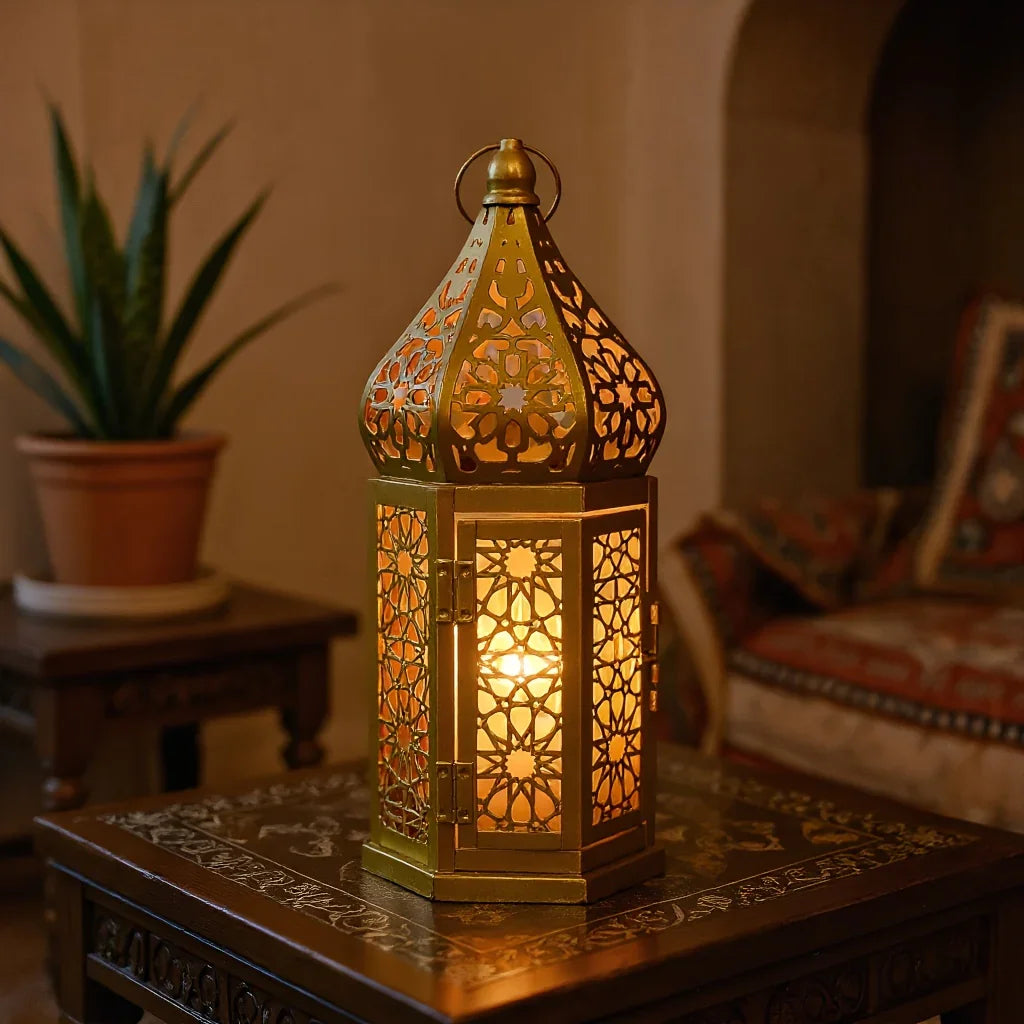 Metallic Moroccan candlestick set, intricately hollowed-out design - House of Avana