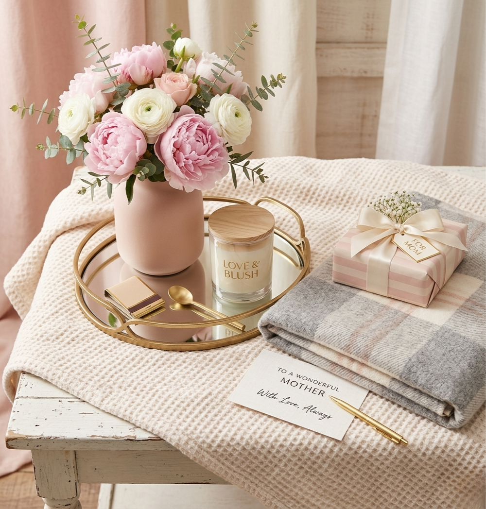 Mother's Day home decor gift ideas including candles, vases and decorative accessories in soft pink tones - House of Avana
