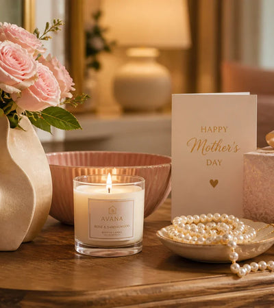 Mother's Day home decor gifts featuring Avana rose sandalwood scented candle, ceramic vase with pink roses, pearl trinket tray and gift box - House of Avana
