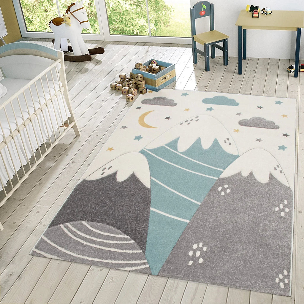 Kids Rug Cosmo for Nursery with Mountains in Pastel Blue White RugYourHome