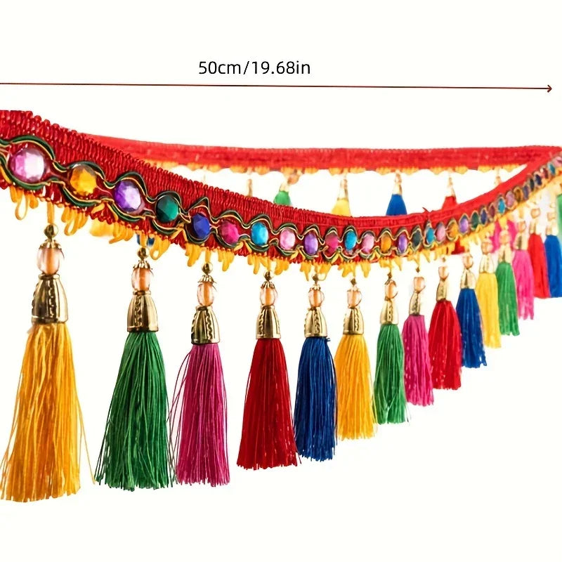 Multicolored tassel fringe trim with faux gemstones for curtain and furniture decoration.