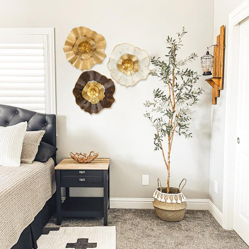 MuralBriful 12 Golden Wall Dcor Pack of 3 Metal Flower Plate Wall Art Modern Accent Hanging Wall Decorations for Home Office Bedroom Or Living Room Wall SculpturesMural House Of Avana