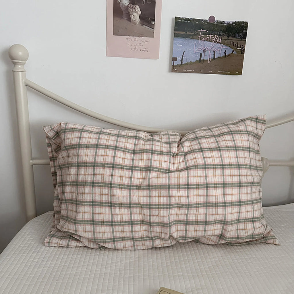 Muted Blush Cotton Pillowcase / Pink & Green Plaid Ever Lasting