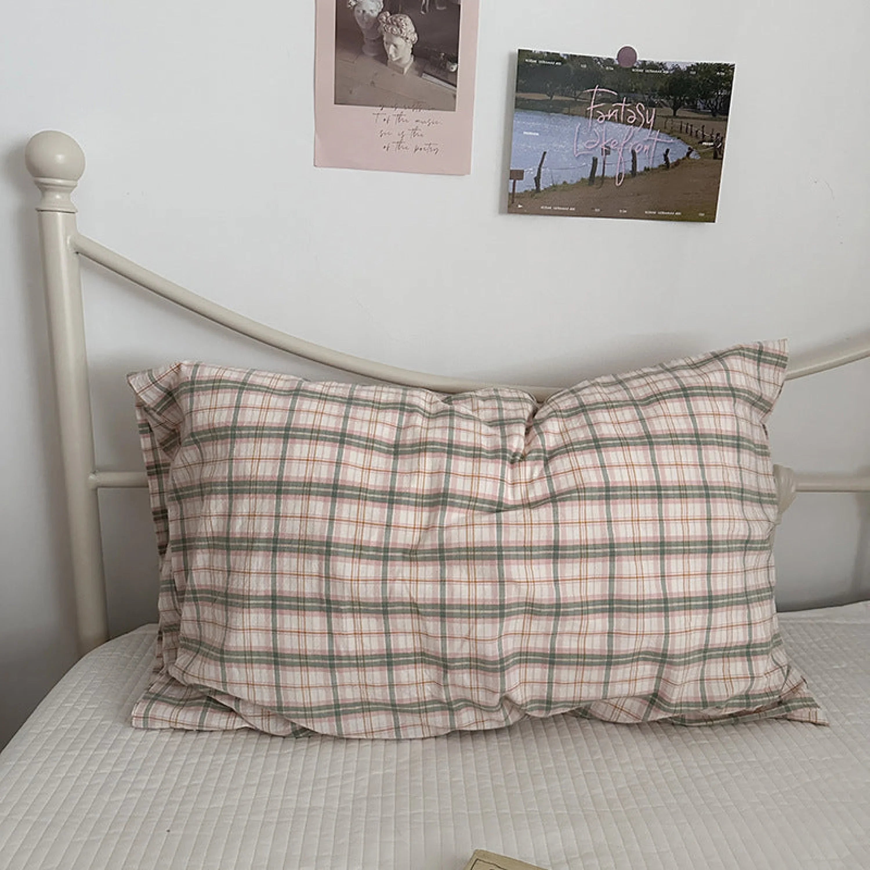 Muted Blush Cotton Pillowcase / Pink & Green Plaid Ever Lasting